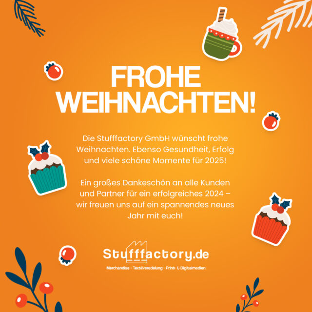 🎄 Frohe Weihnachten und einen guten Rutsch! 🎆

Die Stufffactory GmbH wünscht euch und euren Liebsten ein wundervolles Weihnachtsfest, entspannte Feiertage und einen großartigen Start ins neue Jahr! 🎅✨

Mögen Gesundheit, Erfolg und viele schöne Momente euch im neuen Jahr begleiten. Danke für ein tolles Jahr 2024 – wir freuen uns auf alles, was 2025 bringt! 🎁❤️

Wir sind ab dem 06.01. wieder im vollen Umfang und voller Power für euch da 💪

#FroheWeihnachten #HappyNewYear #StufffactoryGmbH